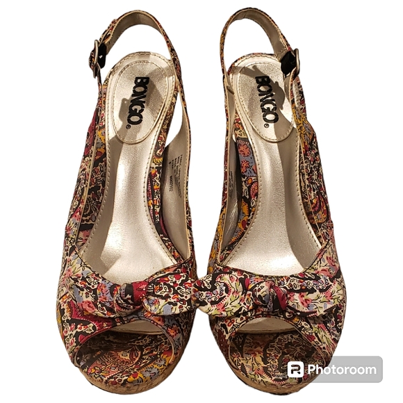 Vintage BONGO Kyra Paisley Peep-Toe Slingback Heels Size 7 - Picture 3 of 5